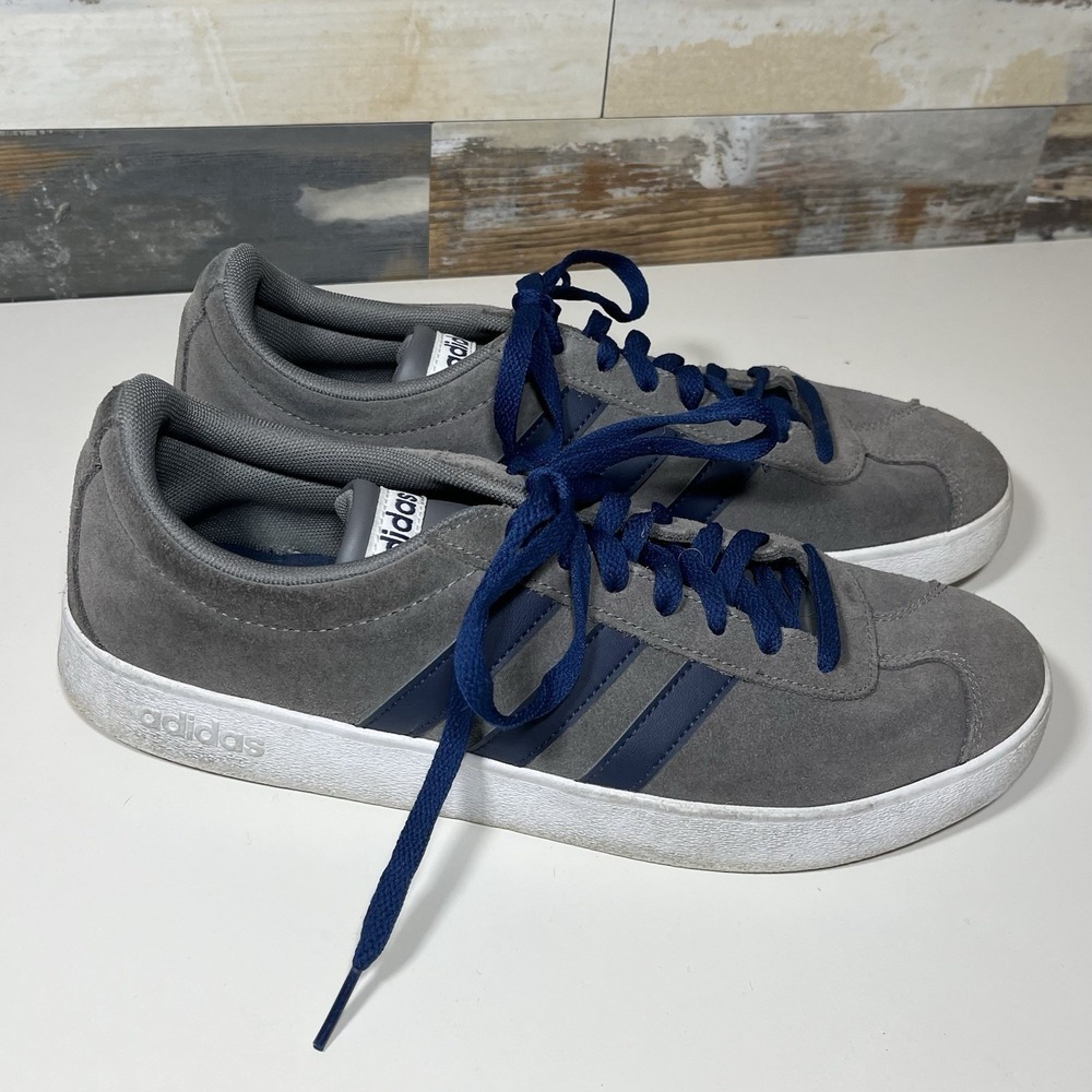 Adidas Mens VL Court 2 Grey Suede Blue‎ Stripe Sneakers Low Top Size 10